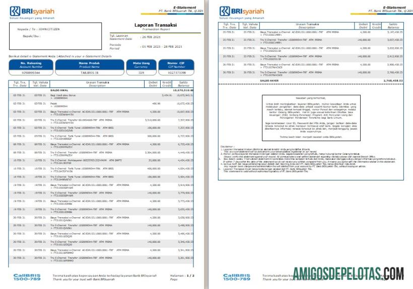 Modelo de extrato bancário Indonésia BRIsyariah para impressão, formato Word e PDF, 2 páginas